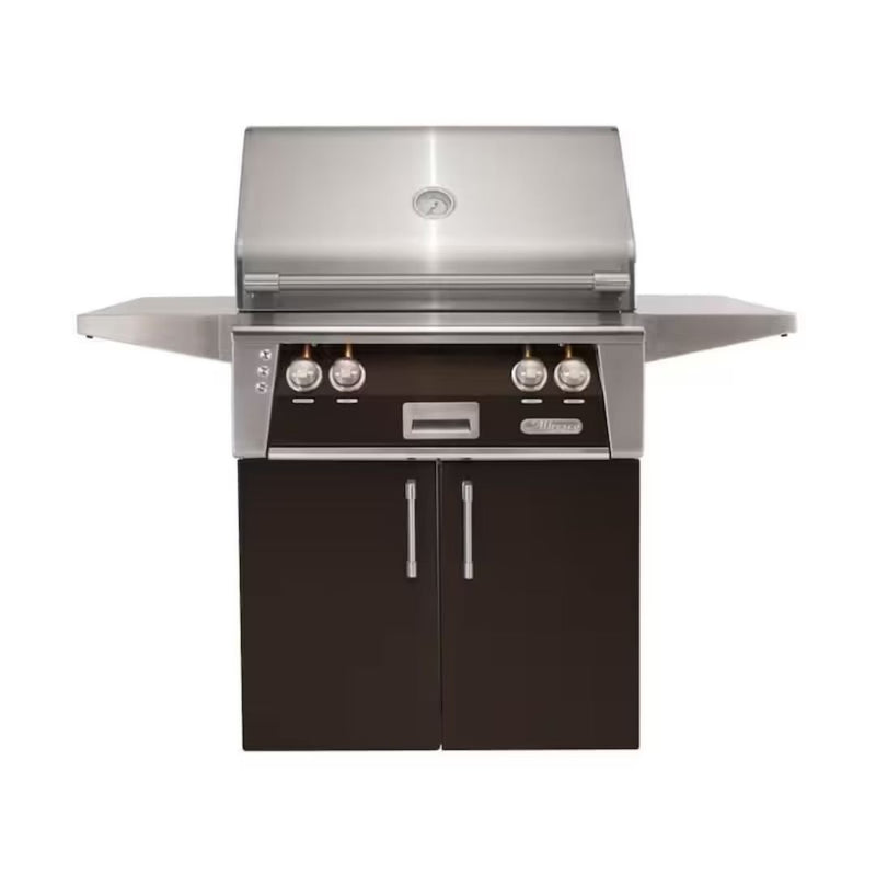 A silver Alfresco Standard Cart for a 30-inch grill in black, featuring double doors, side shelves, and precision lighting.