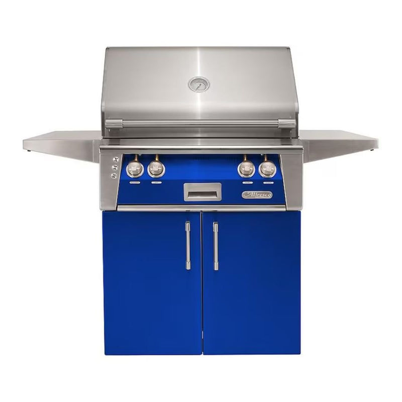 Alfresco freestanding grill with blue cabinet doors and stainless steel finish