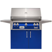 Alfresco freestanding grill with blue cabinet doors and stainless steel finish