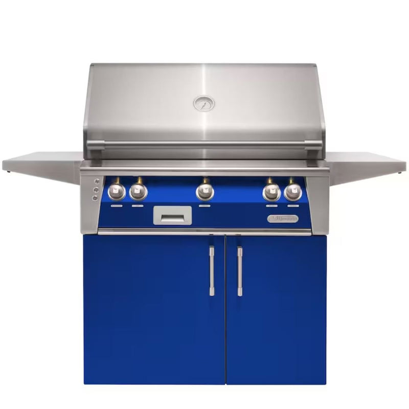 Alfresco freestanding grill with blue cabinet doors and stainless steel finish