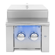Stainless steel grill with two control knobs on a white background