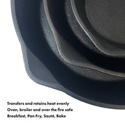 Close-up of a set of black cast iron cookware with text describing its uses.