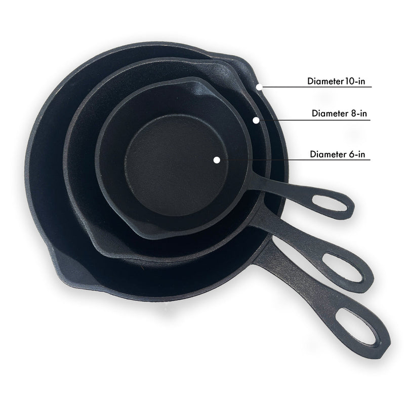 Set of three black cast iron skillets with measurements on a white background