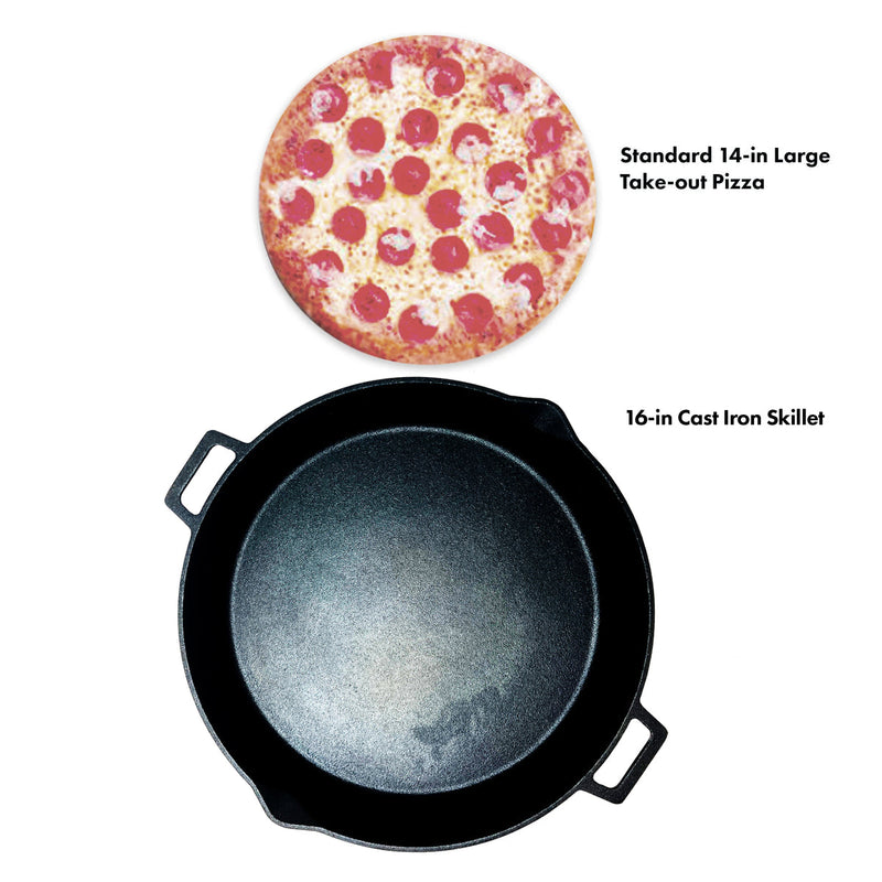 16-inch cast iron skillet next to a 14-inch large take-out pizza on a white background.