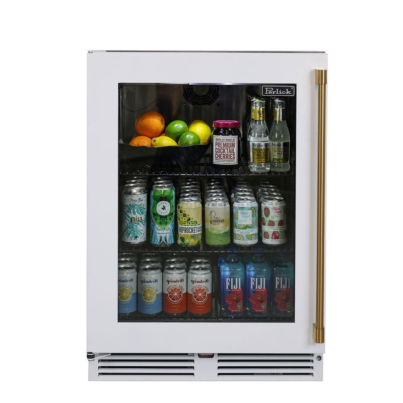 Beverage cooler with drinks and fruits on a white background