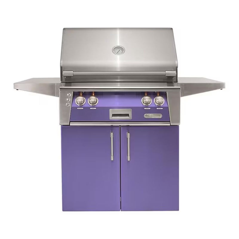 Alfresco freestanding grill with purple cabinet doors and stainless steel finish