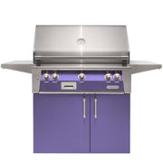 Alfresco freestanding grill with purple cabinet doors and stainless steel finish