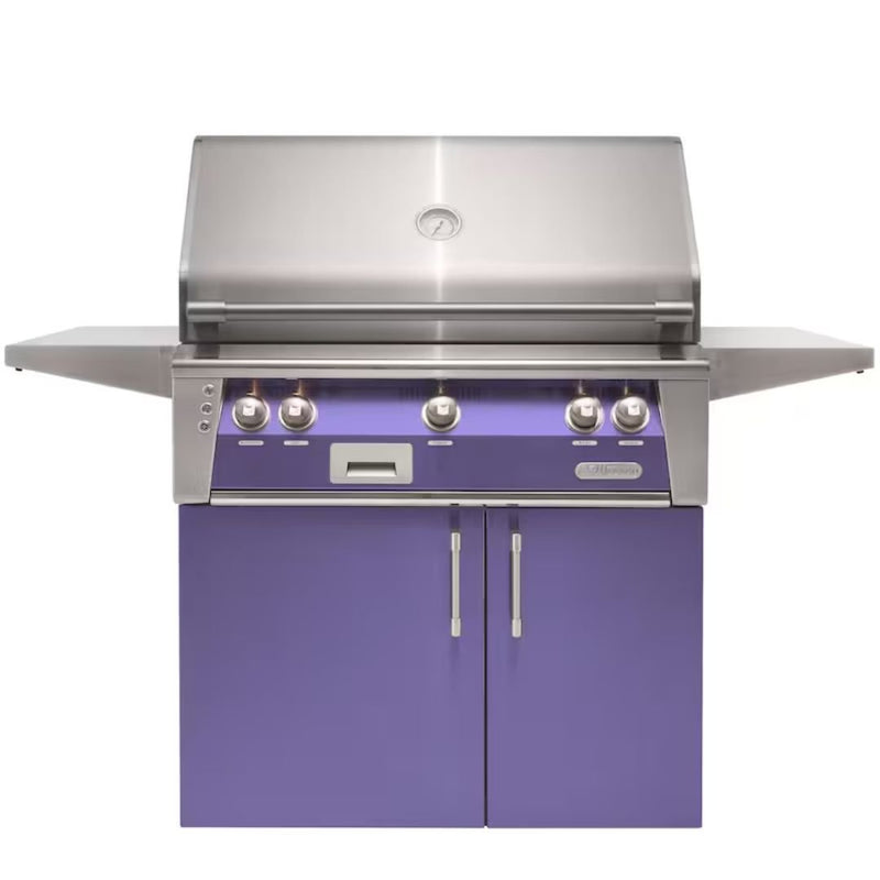 Alfresco freestanding grill with purple cabinet doors and stainless steel finish