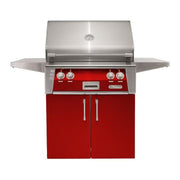 Alfresco freestanding grill with red cabinet doors and stainless steel finish