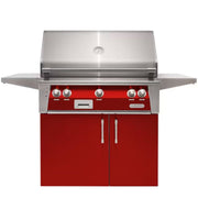 Alfresco freestanding grill with red cabinet doors and stainless steel finish