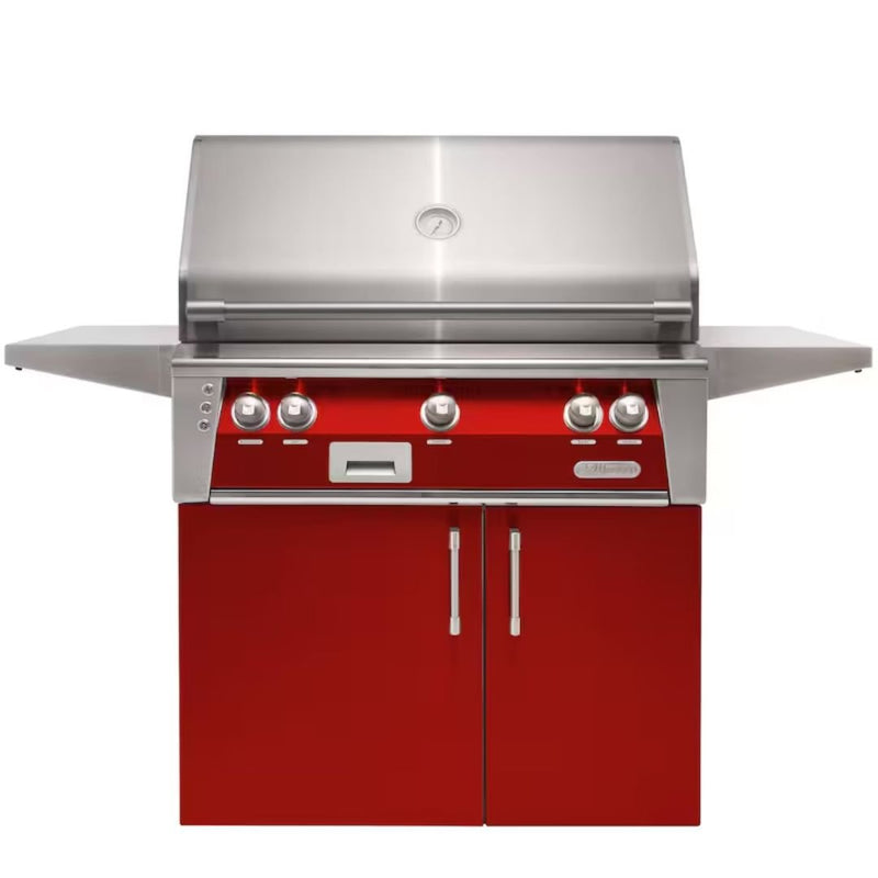 Alfresco freestanding grill with red cabinet doors and stainless steel finish