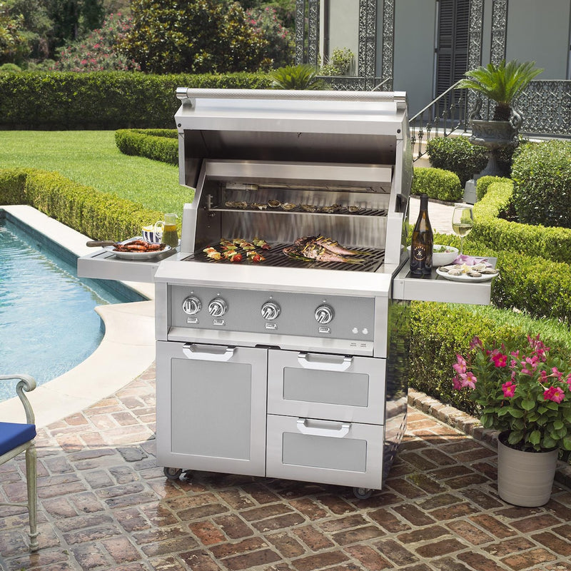 Hestan 36-Inch Gas Grill W/ Rotisserie On Double Drawer & Door Tower Cart