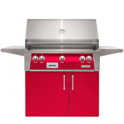Alfresco freestanding grill with red cabinet doors and stainless steel finish