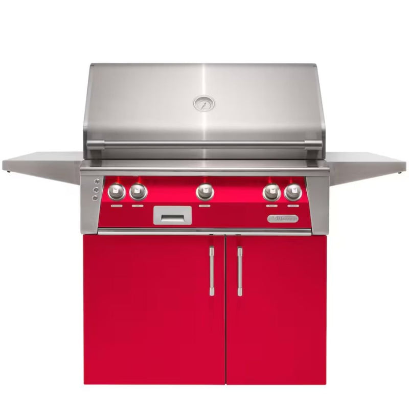 Alfresco freestanding grill with red cabinet doors and stainless steel finish