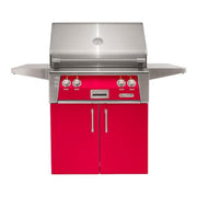 Alfresco freestanding grill with red cabinet doors and stainless steel finish