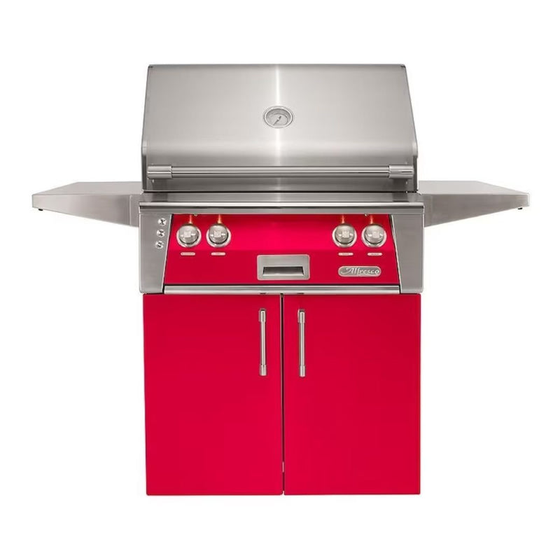 Alfresco freestanding grill with red cabinet doors and stainless steel finish