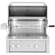 Stainless steel grill with open lid on a white background
