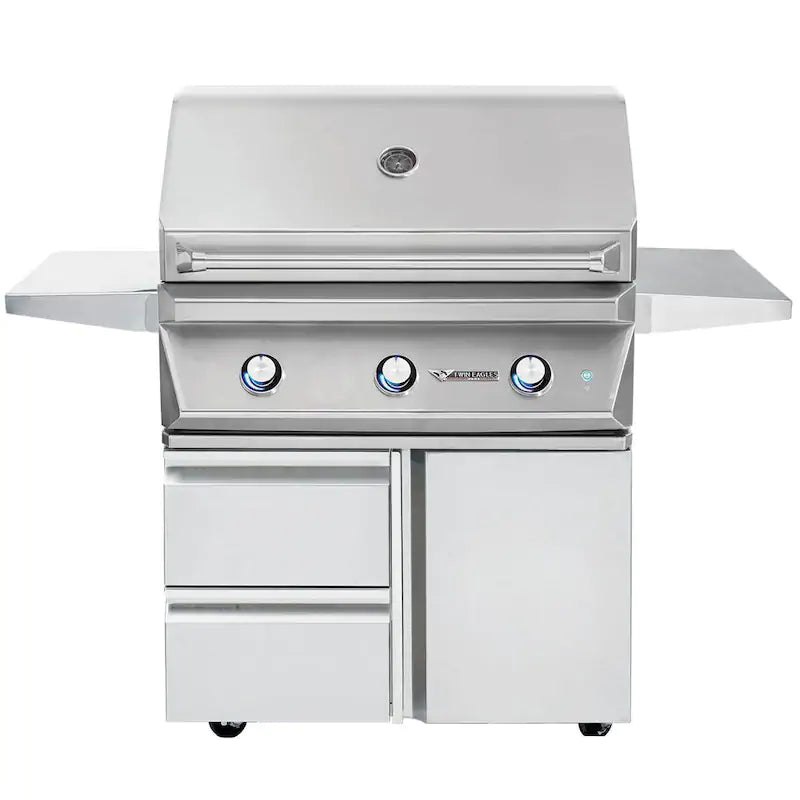 Twin Eagles 36-Inch 3-Burner Gas Grill (Optional Sear Zone/Rotisserie) On Deluxe Cart - TEBQ36 + TEGB36SD-B