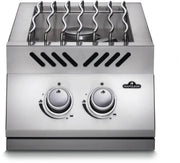 Stainless steel gas cooktop with two burners and control knobs on a white background, featuring the Napoleon brand.