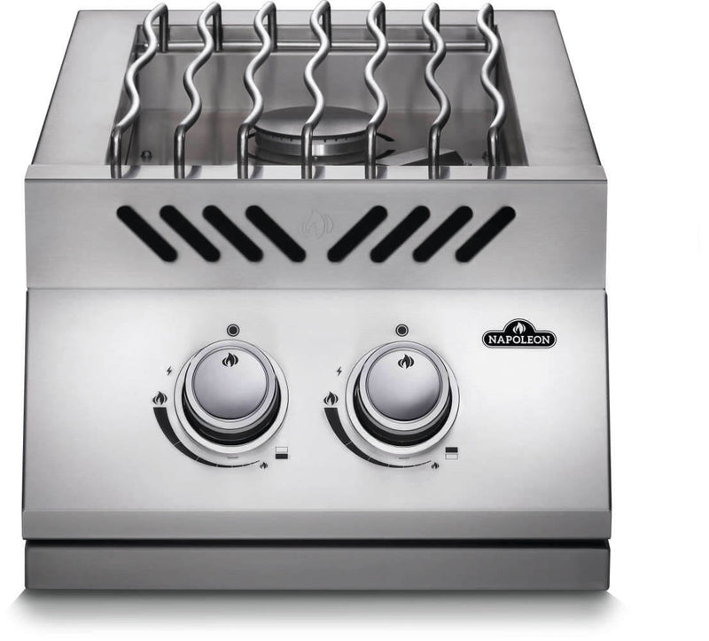 Stainless steel gas cooktop with two burners and control knobs on a white background, featuring the Napoleon brand.