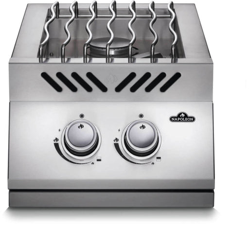 Stainless steel gas cooktop with two burners and control knobs on a white background, featuring the Napoleon brand.