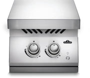 Stainless steel grill with two knobs on a white background