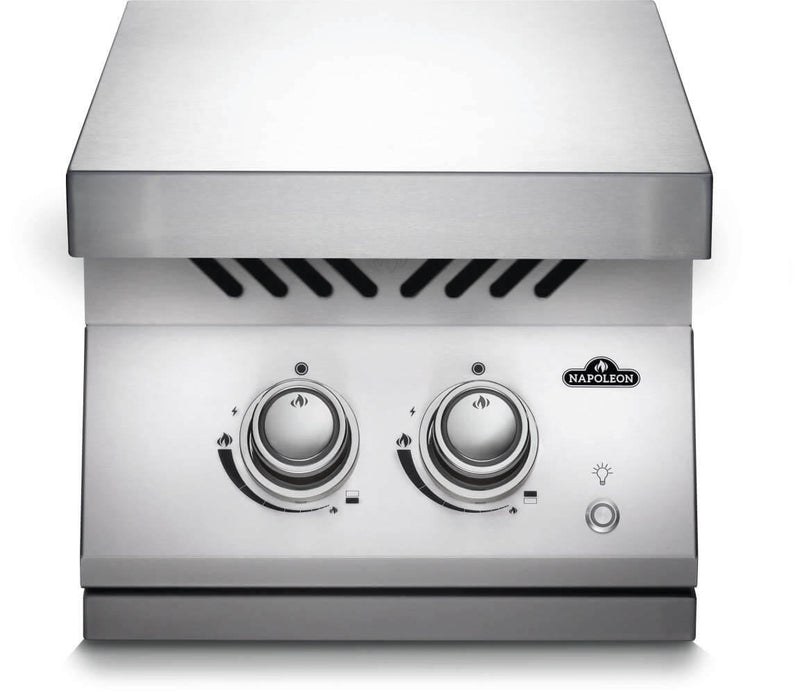 Stainless steel grill with two knobs on a white background