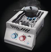 Portable gas stove with a pot on a black background