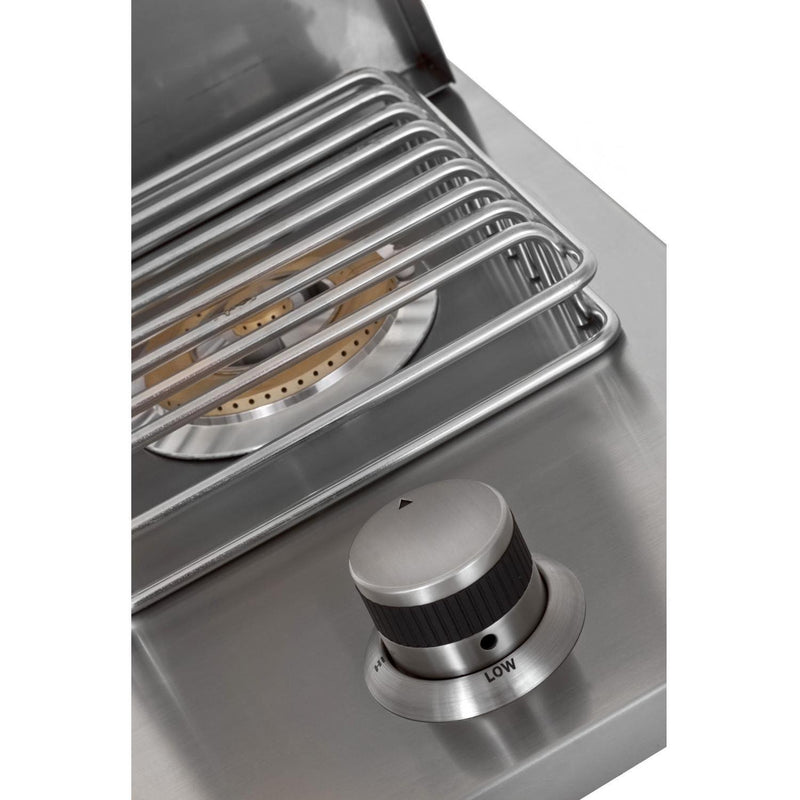 Stainless steel gas stove burner with control knob on a white background