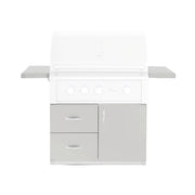 White outdoor grill with cabinets on a white background