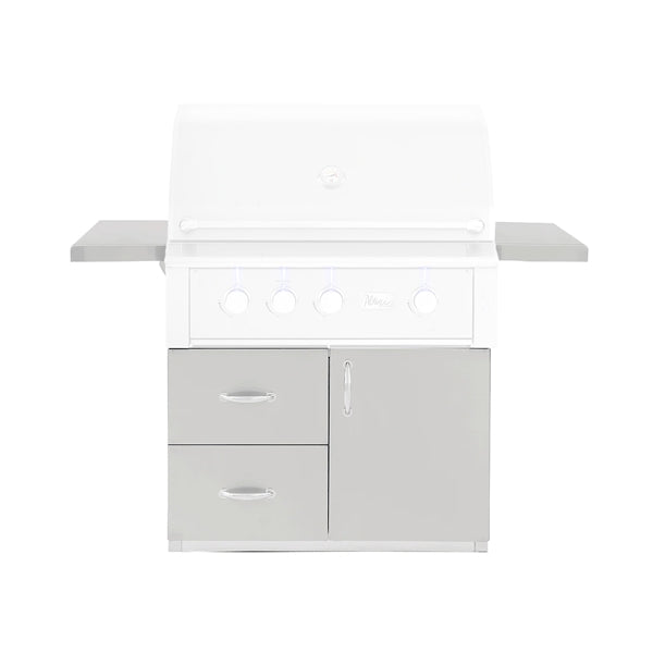 White outdoor grill with cabinets on a white background