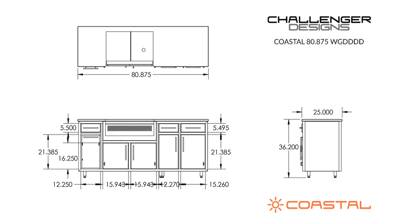 Challenger Coastal Series 80" Kitchen Island - COGI-80.875-WGDDDD