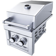 Stainless steel grill with two control knobs on a white background