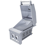 Stainless steel grill with two control knobs on a white background