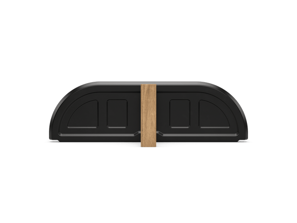 Black car roof box with a wooden strap on a transparent background