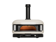 White outdoor pizza oven with black chimney on a white background
