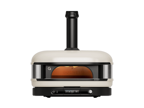 White outdoor pizza oven with black chimney on a white background