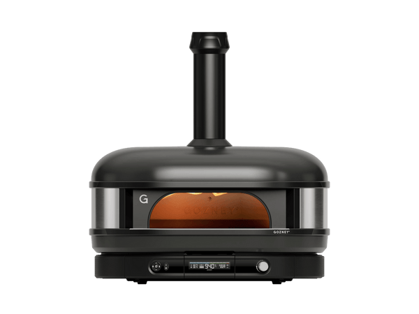 Black outdoor pizza oven with visible brand logo on a white background