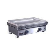 Stainless steel griddle on a white background