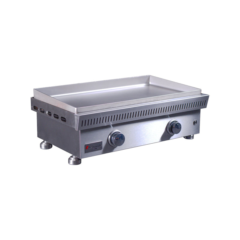 Stainless steel griddle on a white background