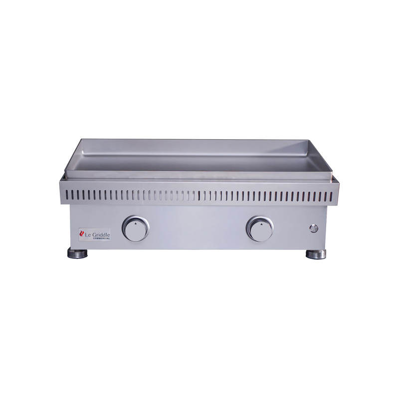 Stainless steel griddle with Le Grillette logo on a white background