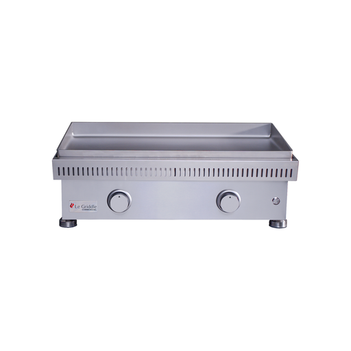 Stainless steel griddle with Le Grillette logo on a white background