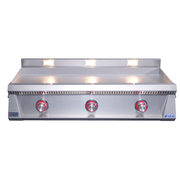 Stainless steel commercial grill with three burners on a white background