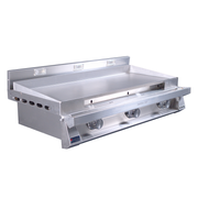 Stainless steel griddle on a white background