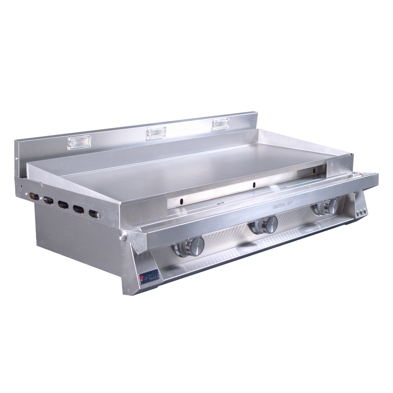 Stainless steel griddle on a white background