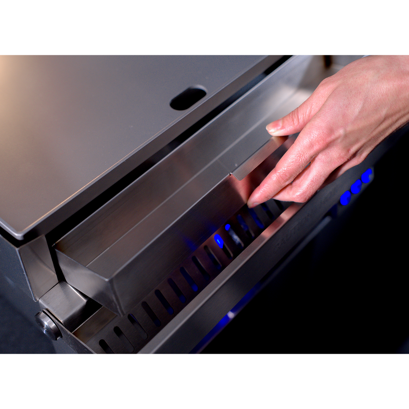 Hand opening a metallic appliance with blue LED lights on a white background