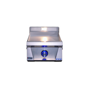 Stainless steel cooktop with blue control knob on a white background