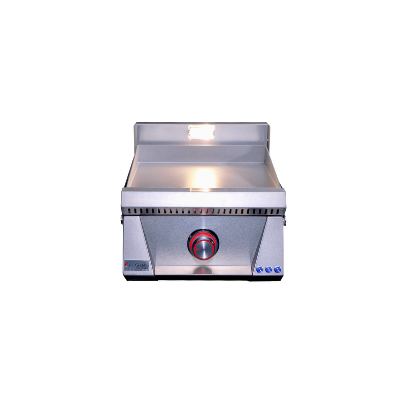 Stainless steel griddle with a white background