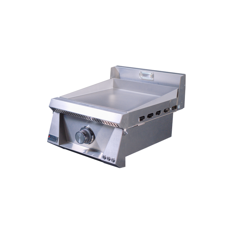 Stainless steel griddle on a white background