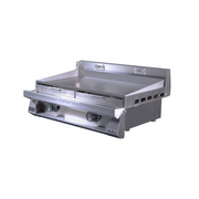 Stainless steel griddle on a white background